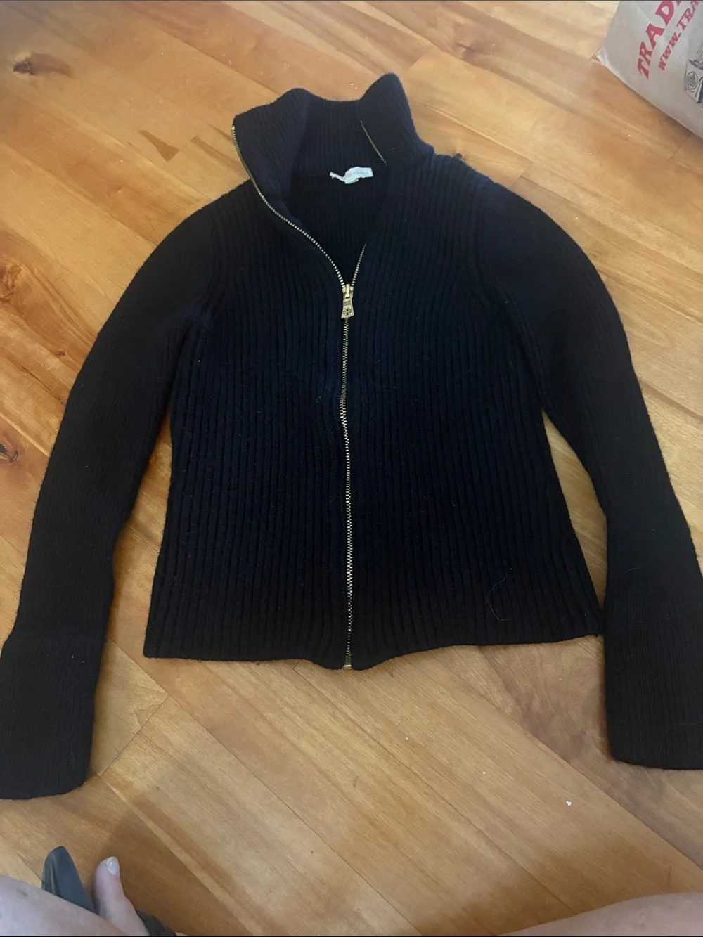 Tory Burch Black Zip-Front Ribbed Cardigan with Gold Zipper
